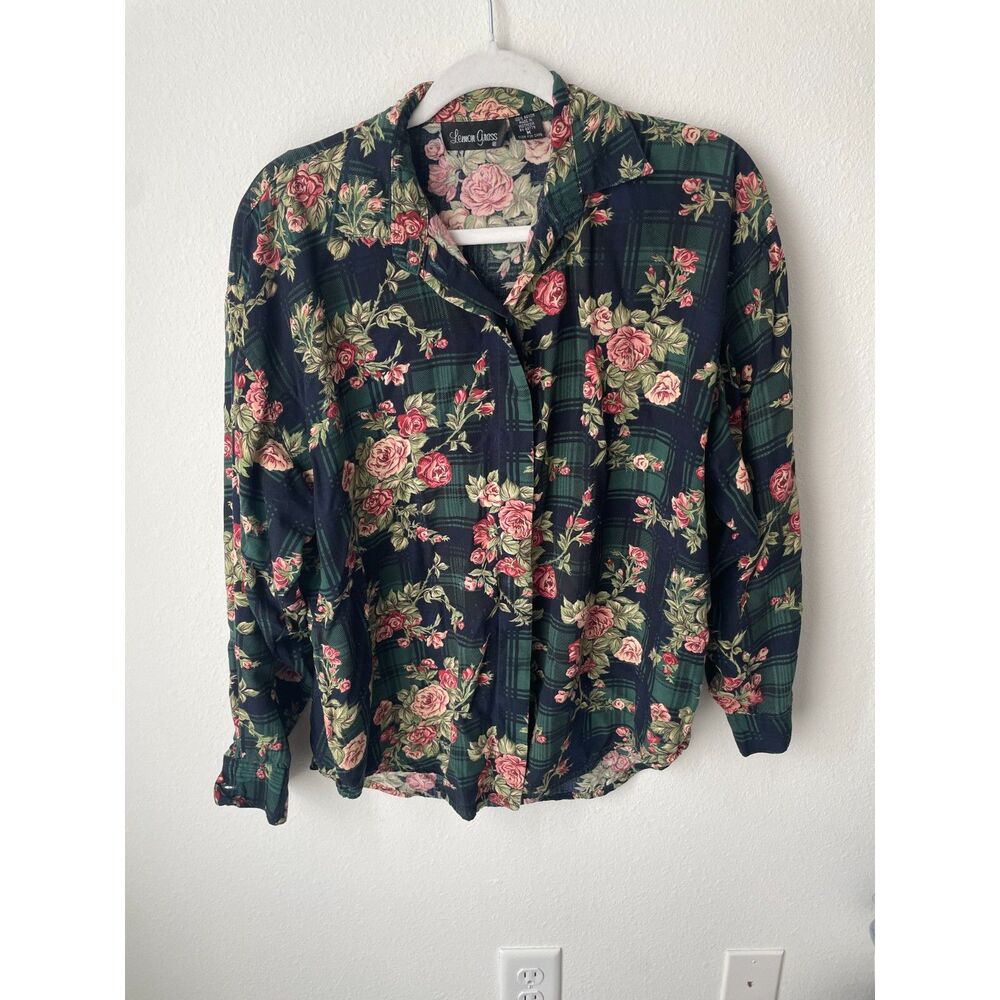 Whimsygoth floral blouse M Lemon Grass plaid rose 100 rayon button shirt